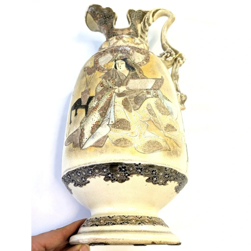 Antique Japanese Satsuma Moriage Ewer Pitcher Vase Vintage Hand Painted 17 Inch
